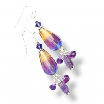 Purple Yellow Earrings Lampwork Glass Amethyst Elegant Crystals