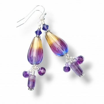 Purple Yellow Earrings Lampwork Glass Amethyst Elegant Crystals